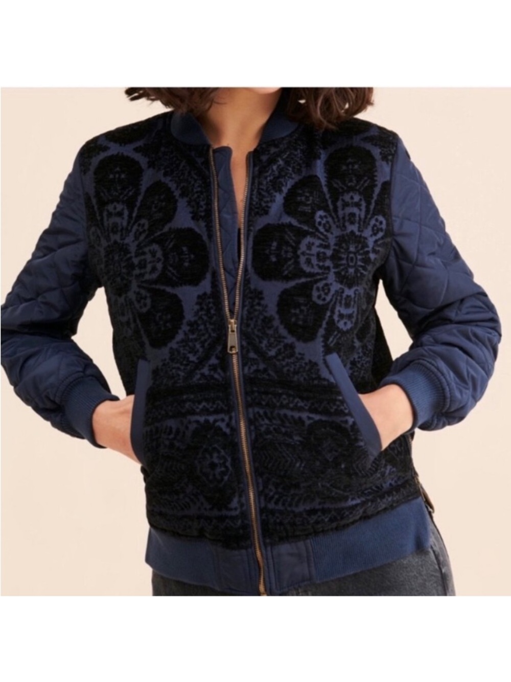Anthropologie Clemence Quilted Bomber Jacket Navy Blue Velvet Size Medium